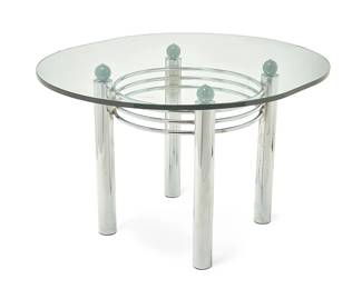 1236
Late 20th/early 21st century
A Contemporary tubular chrome and glass dining table
The chromed metal table with ovular glass top raised on four tubular legs joined by three concentric circles, each leg featuring a patinated metal ball finial to upper terminal
2 pieces
Base: 28.5" H x 30" Dia.; Glass top: 0.75" H x 48" W x 42" D
Estimate: $400 - $600