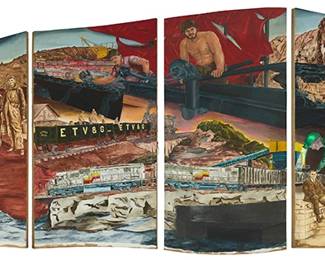 1241
Peter Walker
b. 1946
Railroad montage (pentaptych), 1986
Oil on canvas over molded plywood, stretchers, and cut-out panel
Signed and dated in the lower right corner of the fourth panel: Peter Walker 86
Overall assembled: 96" H x 242" W x 12" D approx.
Estimate: $600 - $800