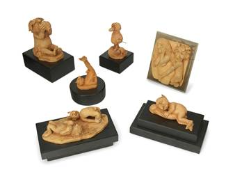 1184
Charles Bragg (1931-2017)
A group of associated patinated resin figures, 1980s
Each signed in the casting: Charles Bragg; five dated 1982; some variously numbered
Each depicting various satyrs or whimsical figures, set on a painted wood or composite base
6 pieces
Tallest figure: 3.875" H x 3.625" W x 2.75" D; Smallest figure: 3.25" H x 2.125" W x 1.75" D
Estimate: $1,000 - $2,000