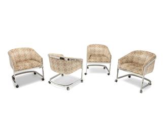 1235
Milo Baughman (1923-2003)
A set of barrel-back armchairs for Design Institute of America, late 20th century
Each unmarked
The chromed metal cantilevered frame raised on casters, with fabric upholstered seat
4 pieces
Each: 29.5" H x 25.5" W x 25.5" D
Estimate: $400 - $600