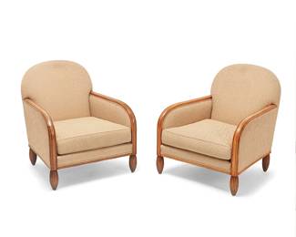 1047
Early 21st century
A pair of Pierre Counot Blandin armchairs
Each unmarked
Each wood casket upholstered in a textured mixed fabric, raised on stylized fluted oblong feet
2 pieces
Each: 33" H x 28.25" W x 34" D
Estimate: $600 - $800
