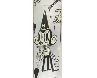 1321
Gary Baseman
b. 1960
"Monkey Dunce (Glow)," 2005
Silk screen ink on plywood skateboard deck
Edition: 41/50
Signed and dated: Base / Man / 2005; with hand-drawn monkey dunce character; numbered, dated again, and inscribed to applied sticker: sdcc / Monkey / Baseman
31.25" L x 7.5" W x 1.875" D
Estimate: $300 - $500