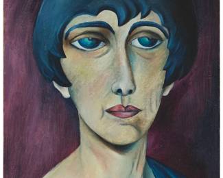 1142
Avis Zeidler
1908-1995
Portrait of a woman
Oil on canvasboard
Signed lower right: Avis Z.; signed again in pencil, verso
19" H x 16" W
Estimate: $400 - $600