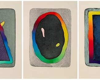 1007
Aleš Lamr (1943-2024)
Three works:
"Evangelidy I," 1991
Lithograph in colors on light-cream paper
Edition: 69/100
Signed, titled, dated, and numbered in pencil in the lower margin: A. Lamr 91
Image: 14.375" H x 10.375" W; Sheet: 19.5" H x 13.5" W
"Evangelidy II," 1991
Lithograph in colors on light-cream paper
Edition: 78/100
Signed, titled, dated, and numbered in pencil in the lower margin: A. Lamr 91
Image: 14.375" H x 10.375" W; Sheet: 19.5" H x 13.5" W
"Evangelidy III," 1991
Lithograph in colors on light-cream paper
Edition: 70/100
Signed, titled, dated, and numbered in pencil in the lower margin: A. Lamr 91
Image: 14.375" H x 10.375" W; Sheet: 19.5" H x 13.5" W
Estimate: $300 - $500