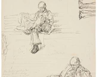 1022
Isabel Bishop
1902-1988
Mr. Gardner, Union Square, New York
India ink and pencil on paper
Signed in pencil to the lower right of center: Isabel Bishop
Signed again and inscribed in pencil in the lower left corner: "Mr. Gardner posed for this / drawing. He was a denizen / of Union Square, he avowed / government, he 'debated' in The Square / for 15 years! / Isabel Bishop"
7" H x 7" W
Estimate: $500 - $700