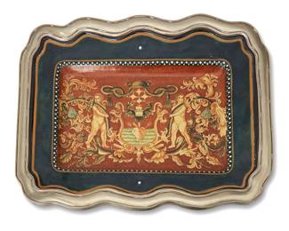 1063
Early 20th century with later elements
An Italian framed ceramic wall plaque
Marked indistinctly in the underglaze recto at bottom right corner, possibly dated for 1903; incised to frame verso: 9701
The plaque depicting an arrow-pierced heart within a water-filled figural urn, centering two nude figures amidst scrolling foliate motifs, set in a metal alloy border/frame
Overall: 15" H x 18.5" W x 2.25" D
Estimate: $300 - $500