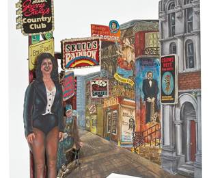 1243
Peter Walker
b. 1946
Main street scene, 1986
Three-dimensional mixed media on wood bolted to Plexiglas
Signed and dated lower right: Peter Walker / 1986
44.25" H x 35" W x 22.25" D (irreg.)
Estimate: $400 - $600