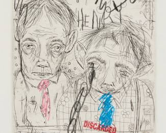 1331
Clayton Brothers (Rob Clayton (b. 1963) and Christian Clayton (b. 1967))
"Damage Noted," 2003
Etching with hand-coloring in pencil, colored pencils, and a red ink stamp on white wove paper
Edition: AP 2/5 (an artist's proof; no other edition is known)
Signed by both artists, as well as numbered, all in pencil in the lower margin: C. Clayton; R. Clayton; titled and dated on a certificate of authenticity
Plate: 6.875" H x 6" W; Sight: 8" H x 7" W
Estimate: $200 - $300