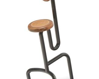 1346
Roy Carruthers
1938-2013
"Tilted chair," 1984
Black enameled metal, walnut, and caning
Signed and dated verso: Roy Carruthers
51" H x 21" W x 30" D
Estimate: $800 - $1,200