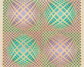 1002
Victor Vasarely
1906-1997
"Village-4"
Screenprint in colors on paper
Edition: 157/250 (there were also 50 proofs for the Foundation Vasarely (F.V.))
Signed and numbered in pencil in the lower margin: Vasarely
Image: 24.5" H x 24.5" W; Sight: 27" H x 26" W
Estimate: $300 - $500