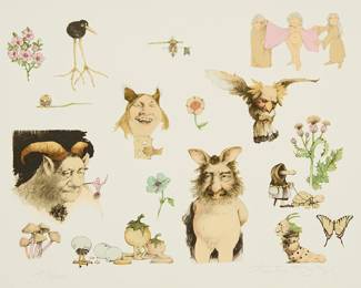 1185
Charles Bragg (1931-2017)
"Sketch Pad II," 167 impressions
A multiple print run of the lithograph in colors on 167 sheets of wove paper
The edition was 300
116 impressions signed Charles Bragg and numbered in pencil in the lower margin as follows: 54-75, 138-141, 175-199, 203-250, 263-266, 271-287, and 294-296; one impression inscribed HC in pencil in the lower margin; three impressions signed Charles Bragg in pencil in the lower margin but not numbered; and 47 impressions that are unsigned and unnumbered
Image of each: 9.5" H x 13" W; Sheet of each: 14.75" H x 22.25" W
167 sheets
Untitled, two impressions
Two impressions of the lithograph in colors on wove paper
Each: From the edition of unknown size
Each: Signed in pencil in the lower margin: Charles Bragg
Image of each: 9.5" H x 17.25" W; Sheet of each: 14.75" H x 22.25" W
2 sheets
A total of approximately 169 sheets
Estimate: $400 - $600