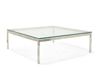 1086
In the manner of Milo Baughman (1923-2003)
A large chromed steel cocktail table, late 20th century
Unmarked
With square chromed steel base and clear glass top
Overall: 16.75" H x 48" L x 48" D
Estimate: $400 - $600