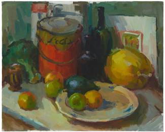 1033
Sergei Bongart
1918-1985
Still life with fruit and a paint can
Oil on canvas
Unsigned
24" H x 30" W
Estimate: $500 - $700