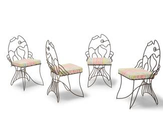 1133
Denis de la Mesiere (b. 1958)
A set of "Dorade" patio chairs for Maison Paname, 2020s
Designed 2021
Each enameled wrought iron fish-form frame with polychrome fabric upholstered seat cushion
4 pieces
Each: 38.75" H x 23.25" W x 20.25" D
Estimate: $800 - $1,200