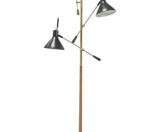 1289
Mid-20th century
A Modern three-light floor lamp
Brass and wood base
Marked in the molding of base underside: [brand cipher] / C5232
The wood and gold-toned metal standard issuing three articulated arms with articulated powder-coated metal shades, electrified
Dimensions variable: 75" H x 25" Dia.
Estimate: $500 - $700