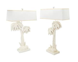 1151
Late 20th century
A pair of Contemporary palm tree table lamps
Each white-painted composite two-light lamp with palm tree-form standard, surmounted by a rectangular paper shade, electrified
2 pieces
Each lamp: 33" H x 14" W x 6" D; Each shade: 7.25" H x 21.25" W x 8.25" D
Estimate: $400 - $600