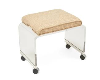 1357
Late 20th century
A Modern Lucite waterfall vanity stool
The acrylic stool raised on chromed metal and plastic casters, surmounted by an upholstered seat cushion
18.25" H x 23.5" W x 15.5" D
Estimate: $200 - $400