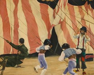 1244
Peter Walker
b. 1946
Pitching a carnival tent, 1975
Oil on canvas
Signed and dated lower right: Peter Walker 75
24" H x 30" W
Estimate: $300 - $500