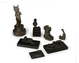 1183
Charles Bragg (1931-2017)
A group of associated patinated bronze figures, 1980s
Each signed in the casting: Charles Bragg; four dated 1982; largest dated 1989, with foundry mark: Dyansen Corp / DS; some variously numbered
Comprising five satyr figures and two other whimsical figures, three set on a composite or stone base
7 pieces
Largest: 9.25" H x 4.5" Dia.; Smallest: 2.625" H x 3.5" W x 0.75" D
Estimate: $1,000 - $2,000