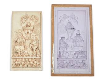 1182
Charles Bragg (1931-2017)
A cast plaque and silicone mold, late 20th century
Signed underside: Charles Bragg
Depicting angelic figures above three surrealistic figures with a dinosaur skeleton above a pile of skulls, comprising a plaster or resin casting and a mold set in a wood form
2 pieces
Casting: 19.125" H x 9.875" W x 2.625" D; Mold in wood form: 22" H x 12.5" W x 3.75" D
Estimate: $2,000 - $3,000