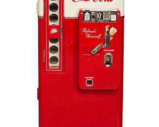 1347
Circa 1958 with later elements
A Vendo H56 Coca-Cola vending machine
No serial number present
The painted metal refrigerated vending machine with slant shelf vending apparatus, a 10-cent coin slot, crank arm, and change return, the hinged door revealing 56-bottle capacity with 14-bottle pre-cooling, bottles sized 6.5-12 oz., electrified
52.75" H x 25.75" W x 24.5" D
Estimate: $1,500 - $2,500