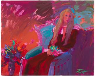1110
Donald "Putt" Putman
1926-2007
A woman holding a bouquet
Acrylic on board
Signed lower right: Putt
16" H x 20" W
Estimate: $300 - $500