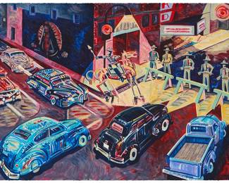 1303
Frank Edward Romero
b. 1941
"Closing Whittier Boulevard," 1990
Screenprint in colors on wove paper
Edition: HC 2/15 (there was also an edition of 90)
Signed and numbered lower left: FE Romero; Aztlan Graphics, Los Angeles, CA, prntr., and with their blindstamp in the lower right corner
Image/Sheet: 34" H x 55" W
Estimate: $800 - $1,200