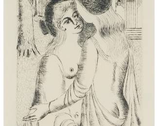 1065
Paul Delvaux
1897-1994
"Douce Nuit (Tender Night)," 1969
Etching on wove paper
Edition: 11/50
Signed and numbered in pencil in the lower margin: P. Delvaux
Plate: 11.75" H x 7.625" W; Sight: 13.75" H x 9.375" W
Estimate: $600 - $800