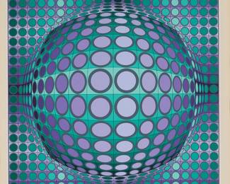 1001
Victor Vasarely
1906-1997
"Viva," circa 1970
Screenprint in colors on paper
Edition: 265/275
Signed and numbered in pencil in the lower margin: Vasarely
Image: 24" H x 24" W; Sight: 26" H x 26" W
Estimate: $500 - $700