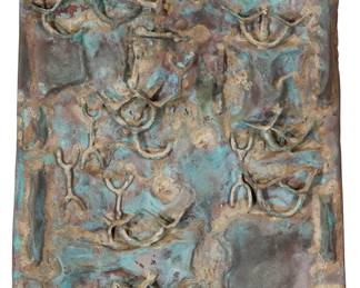 1232
20th/21st Century Abstract School
Glyph plaque
Hand-wrought copper
Appears unsigned
22.75" H x 10.875" W x 1.75" D
Estimate: $200 - $400