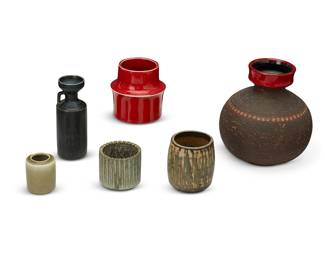 1317
Mid/late 20th century
A group of Scandinavian glazed pottery vessels
Each variously marked for their maker
Comprising a bright red-glazed vase by Stig Lindberg (1916-1982) from the "Ting" Collection for Gustavsberg, a bud vase and a small cup by Gunnar Nylund (1904-1997) for Rörstrand, a Palshus bud vase, a Gabriel Keramik vase, and another small cup from an unknown maker
6 pieces
Largest: 6.875" H x 6.25" Dia.; Smallest: 2.375" H x 1.875" Dia.
Estimate: $300 - $500