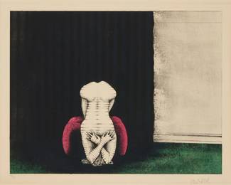 1064
Paul Wunderlich
1927-2010
"Vor dem Vorhang," 1967
Lithograph in colors on Arches paper
Edition: 72/75 (there were also 13 artist's proofs)
Signed and numbered in pencil in the lower margin: Wunderlich; Mourlot, Paris, prntr.; Galerie Berggruen, Paris, pub.
Image: 16.5" H x 21.75" W; Sight: 19.125" H x 24.25" W
Estimate: $200 - $400