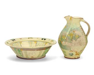 1037
Maureen Minchin (b. 1954)
A pottery pitcher and fruit bowl, late 20th/early21st century
Each unmarked
The glazed earthenware items, comprising a pitcher with painted geese figures amidst floral motifs, and a wide rimmed bowl with painted hair below the night sky centering geese in friezes, below fruit in relief to rim
2 pieces
Pitcher: 10.5" H x 8" W x 7.375" D; Bowl: 3.75" H x 13.125" Dia.
Estimate: $400 - $600