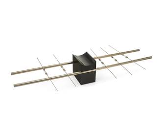 1085
Theodore Hughes Waddell (1928-2018)
A table lamp for Zanotta, 1970s
Designed 1971
Inscribed to underside of base in the molding: Theodore Waddell Designer / brevettato / made in italy
Comprising two steel bars on a plastic base, with eight lights that illuminate when each side connects with the metal bars, electrified
Base: 3.875" H x 23" W x 3.875" D; Each light: 10.75" L
Estimate: $500 - $700