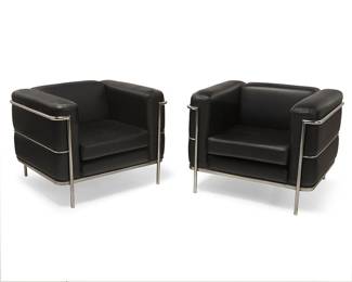 1082
After Charles-Edouard "Le Corbusier" Jeanneret (1887-1965) & Charlotte Perriand (1903-1999)
A pair of chairs after the LC2 Le Petit Confort armchair for Cassina, 20th century
Designed 1928
Each with tag: Genesis furniture
Each with tubular chrome frame and black polyurethane faux leather upholstered cushions
2 pieces
Each: 27.25" H x 36.5" W x 31.5" D
Estimate: $300 - $500