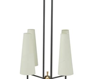 1135
Early 21st century
A Maison Paname "Marais" chandelier
The enameled and gold-toned metal four-light chandelier, each light surmounted by a conical fabric shade, electrified
Frame: 44.5" H x 24" W x 24" D; Each shade: 16" H x 6.25" Dia.
Estimate: $500 - $700