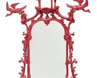 1146
20th century
A Chinese Chippendale-style carved wood mirror
The red-painted openwork chinoiserie decorated frame, featuring scrollwork, foliate motifs, and two opposed Ho Ho birds, crested by a pagoda canopy
54" H x 40" W x 4.5" D
Estimate: $500 - $700