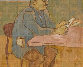 1021
Joseph Solman
1909-2008
Seated man reading a newspaper or racing form
Gouache and pencil on a printed racing form sheet affixed to cardstock
Signed in pencil lower right: Joseph Solman; inscribed in pencil at the lower edge of the support sheet, possibly by the artist, "1059-P"
Image/Sheet: 15.625" H x 11.625" W; Cardstock support: 19.5" H x 14" W
Estimate: $800 - $1,200