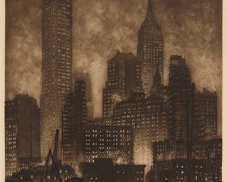1054
Samuel Chamberlain
1895-1975
"Manhattan Twilight," 1932
Etching and mezzotint in brownish-black ink on wove paper
Edition: 37/100
Signed, numbered, and inscribed in pencil in the lower margin: Samuel Chamberlain / "To Barbara, with boundless gratitude - SC"
Plate: 13.375" H x 9.5" W; Sheet: 14.125" H x 10.125" W
Estimate: $1,500 - $2,000