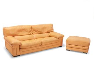 1198
Late 20th century
A Roche Bobois "Particuliere" loveseat and ottoman
Each with Roche Bobois logo pattern fabric lining and with tag: Made in Italy
From the Particuliere Collection, each upholstered in a textured ochre leather with cording, comprising a two-seater sofa and conforming ottoman
2 pieces
Loveseat: 32" H x 82" W x 39" D; Ottoman: 16.5" H x 31" W x 25.5" D
Estimate: $1,000 - $2,000