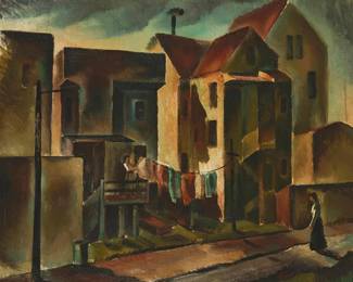 1028
Richard Stephens
1892-1967
San Francisco street scene
Oil on canvas laid to waxed canvas
Signed lower right: Richard Stephens
19" H x 23" W
Estimate: $300 - $500