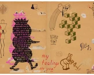 1338
Gary Taxali
b. 1968
"My Feelings Like You," 2009
Mixed media on conjoined pieces of tan paper
Stamped with the artist's name and address lower right: Gary Taxali, titled lower center; titled again and dated in ink on a label affixed to the frame's backing paper
Sheet: 10.75" H x 15.5" W (irreg.)
Estimate: $600 - $800