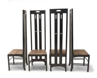 1234
After Charles Rennie Mackintosh (1868-1928)
A group of side chairs in the manner of the "Ingram" chair, late 20th century
Each unmarked
The high-back chairs, each slatted back with pierced accents, raised on squared legs joined by spindle stretchers, the seat cushion upholstered in dyed and tooled leather
4 pieces
Each: 59.75" H x 18.5" W x 19.5" D
Estimate: $600 - $800