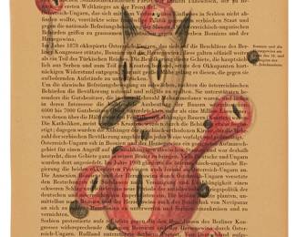1320
Gary Baseman
b. 1960
Untitled, circa 2010
Colored pencil on a printed book page
Signed upper right: Baseman; dated by repute
Sheet: 9" H x 6.375" W
Estimate: $1,000 - $1,500