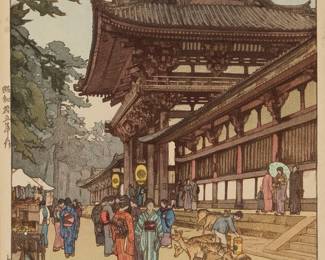 1043
Hiroshi Yoshida
1876-1950
"Daibutsu Temple Gate," 1940
Woodcut in colors on paper
From the edition of unknown size
Signed and titled in pencil in the lower margin: Hiroshi Yoshida; with the artist's Japanese "Hiroshi" red ink seal in the image at lower right; and with various Japanese stamps printed in the left margin; dated by repute
Image: 14.75" H x 9.75" W; Sight: 15.5" H x 10.5" W
Estimate: $500 - $700