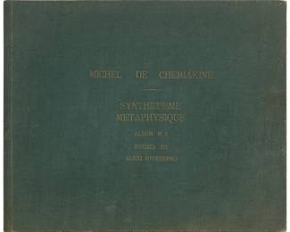 1132
Mihail Chemiakin
b. 1943
"Synthétisme Métaphysique, album no. 1, Poems de Alexi Hvostenko," 1978
Complete portfolio including 20 lithographs in cream and black on Arches paper without watermark
Edition: 17/100
The 20 images and accompanying hand-written poems, all printed lithographically, en-texte, and the title, introduction, and justification pages; the title page inscribed and dated in ink: [illegible] John Lawrence Faessel - M Chemiakine 3/I/1980 Paris, and the justification page signed and dated again by the artist, and numbered, all in ink, and with the blindstamp of the printer, Claude Jobin Grapholite, Paris; all on 13 folded sheets of paper, loose, housed in the original green fabric-covered portfolio case
20 images each: 9.75" H x 12.75" W; Sheets as folded: 12.5" H x 16" W
Estimate: $800 - $1,200
