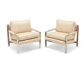 1083
Circa 1970s
A pair of Cy Mann flat bar lounge chairs
Each unmarked
In the manner of Milo Baughman (1923-2003), by New York designer Cy Mann (b. 20th century), each chromed steel frame with striped fabric upholstered sling seat, cushions, and padded armrests
2 pieces
Each: 31.5" H x 30" W x 30" D
Estimate: $600 - $800