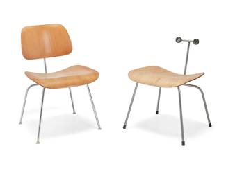 1354
Charles and Ray Eames (1907-1978 and 1912-1988)
Two DCM dining chairs, 1951-1956 and 1964
Designed 1946
One with sticker to underside: Herman [logo] Miller Zeeland Michigan / Charles Eames [in script] design; the other with later taped paper patent label with range of 155 to 114
Each with a veneered molded plywood seat and backrest on a tubular chrome frame, one with rubber shock mounts, the other with plastic feet
2 pieces
Each: 30" H x 19.5" W x 18" D
Estimate: $500 - $700