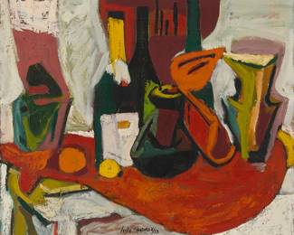 1030
Leslie Sherman
b. 1900
Still life, 1953
Oil on canvas
Signed and dated at the center of the lower edge: Leslie Sherman / 53; signed again verso
18" H x 22" W
Estimate: $600 - $800