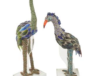 1136
Gavin Heath (b. 1961)
A pair of art glass-mounted bird figures, early 21st century
Each cement figure with applied glass and glazed terra cotta elements, set on a custom acrylic stand
2 pieces
Taller: 43.75" H x 17.5" W x 11.25" D; Shorter: 32.75" H x 20.5" W x 9.75" D
Estimate: $500 - $700